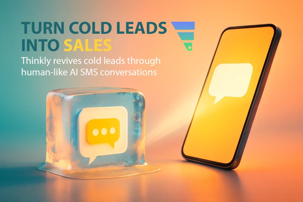 SMS reactivation ad with melting ice cube and glowing phone, captioned 'Reawaken Your Interest' by THINKLY.