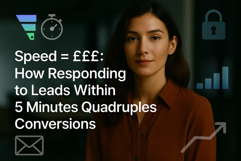 Businesswoman with icons demonstrating fast lead response conversion